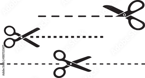 Scissors Cutting Dashed Lines – Stylized Black Icons with Varying Dash Patterns for Craft, Coupon, and Instructional Design