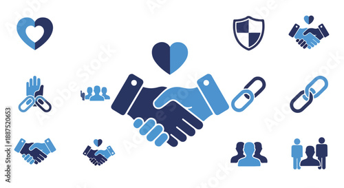 Blue and Dark Blue Business Partnership and Connection Icon Set