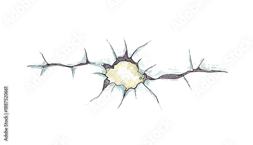 Ilustração abstrata de um rasgo ou buraco com espinhos pontiagudos em fundo transparente, simbolizando dano.
