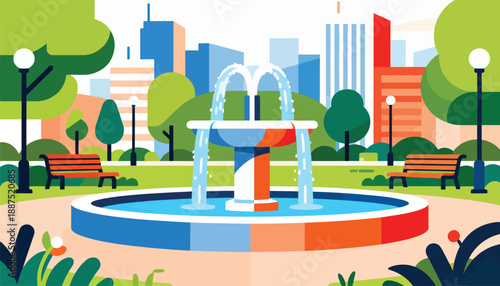 Vibrant park scene with fountain, benches, trees, and city skyline in distance