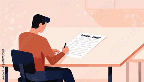 Man writing on personal budget document at desk
