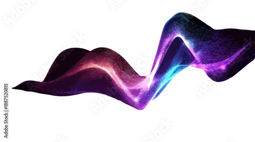 光る粒子が織りなす、幻想的で透明感のある波形のエフェクト、白背景に映える。