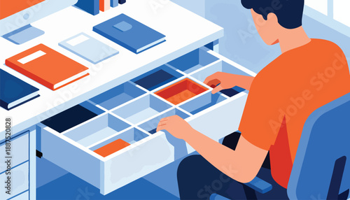 Person organizing a desk with books and open drawer