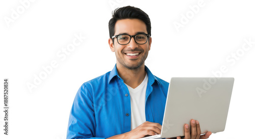 Smiling man with glasses holding laptop, isolated on transparent background