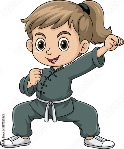 Cute cartoon girl practicing martial arts punch pose, kids karate training illustration, children self defense concept, sport education, discipline, confidence, isolated character on white background