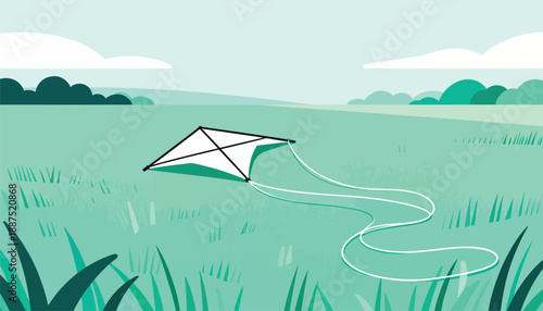 Kite on green field under cloudy sky with rolling hills