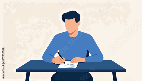 Person in blue shirt writes on paper at desk