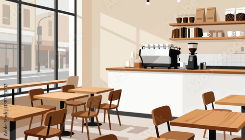 Modern cafe interior with tables, chairs, and coffee machine