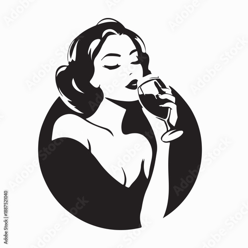 Vintage Girl Drinking Beer Logo Vector Isolated on White Background