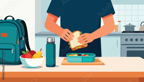 Person making a sandwich in kitchen, packing lunch with fruit and water bottle