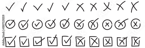 Check tick mark icon set, hand drawn doodle red cross box x check mark green checkbox v, sketch marker checklist symbol right and wrong set - stock vector