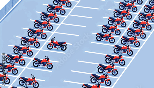 Many rows of red and blue motorcycles are parked in a lot