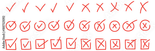 Check tick mark icon set, hand drawn doodle red cross box x check mark green checkbox v, sketch marker checklist symbol right and wrong set - stock vector