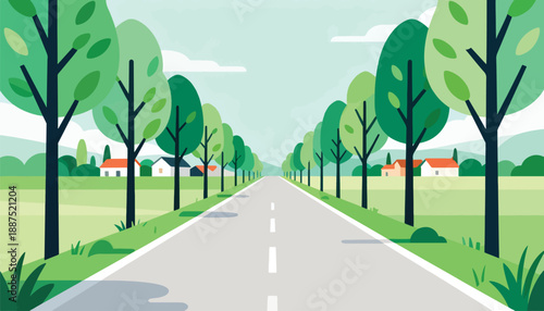 Straight road lined with trees and houses, under a pale sky