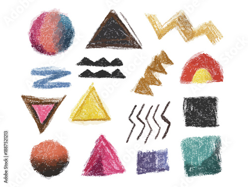 Formas geométricas abstractas dibujadas a mano con crayones sobre fondo transparente, diseño infantil.