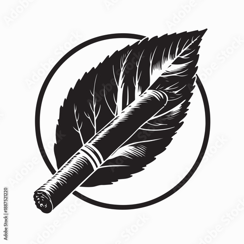 A Cuban Cigar on a Tobacco Leaf Logo Vector on White Background