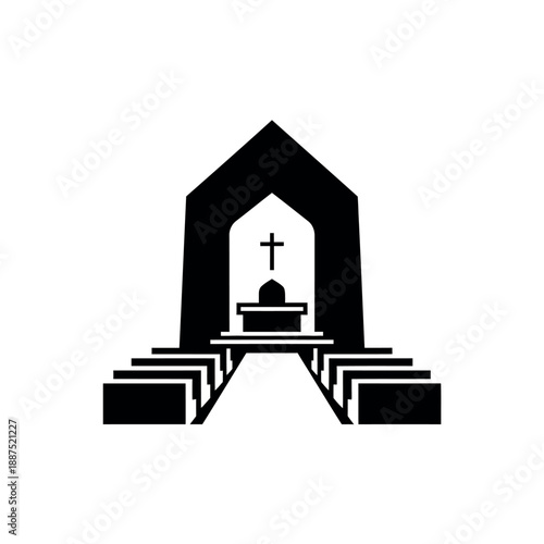 Church Interior with Altar and Pews.