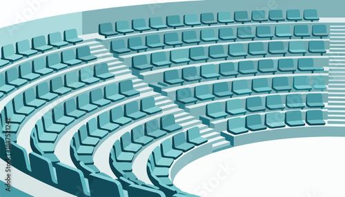 Rows of empty, tiered, blue auditorium seats arranged in a curved formation