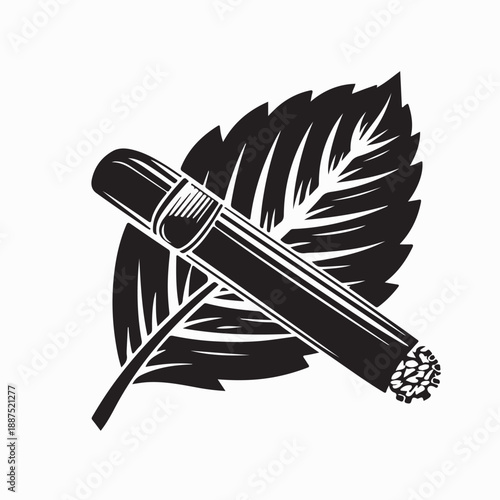 Cigar shown against tobacco leaves Silhouette Vector on White Background