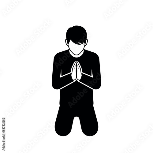 Man kneeling praying hands together icon.