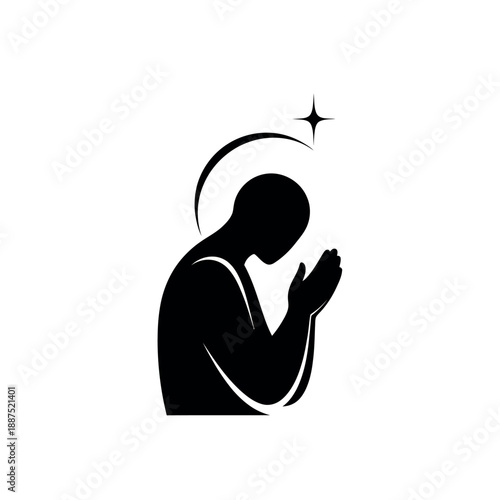 Silhouette of a person praying with a halo and a star.