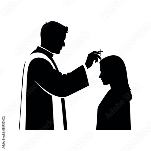 Silhouette of a priest applying ashes to a womans forehead.