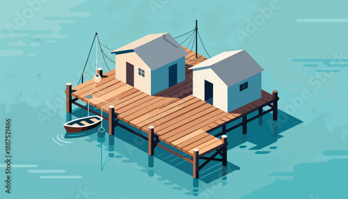 Rustic wooden pier with two small cabins, a docked rowboat, and serene water