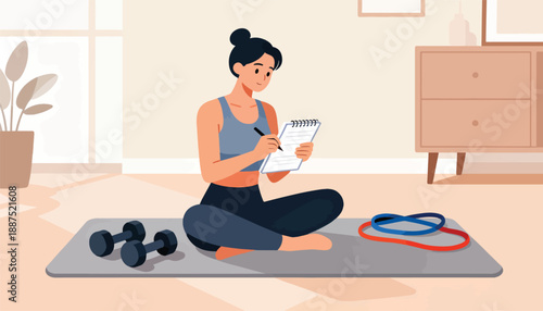 Woman in athletic wear planning workout on a notebook surrounded by exercise equipment
