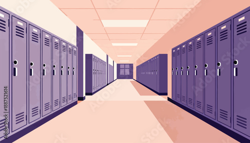 Empty hallway lined with rows of purple lockers under fluorescent lights