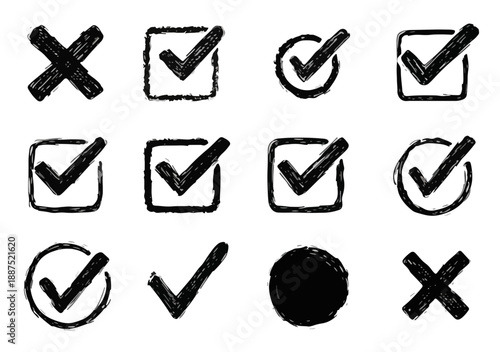 チェックマークとバツ印のセット、手書き風のアイコン、透明な背景に描かれた確認と不確認のシンボル