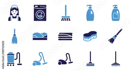 Blue and White Cleaning Supplies Vector Icon Set
