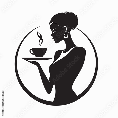 Elegant Woman Serving Steaming Coffee Cup Silhouette Vector