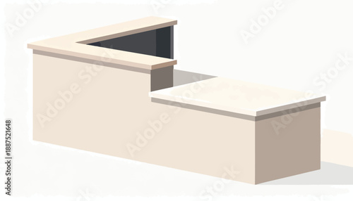 A simple isometric view of a light-colored reception desk with a dark interior recess