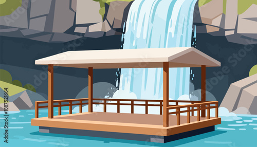 Wooden platform with roof floats on blue water in front of a tall waterfall