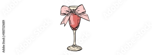 ピンクのリボンがついたシャンパングラスに注がれた透明な飲み物、お祝いや特別な機会に最適