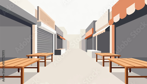 Empty marketplace stalls with tables set for business