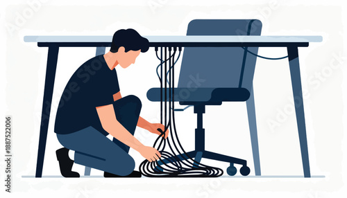 Man tidying cables under a desk next to an office chair