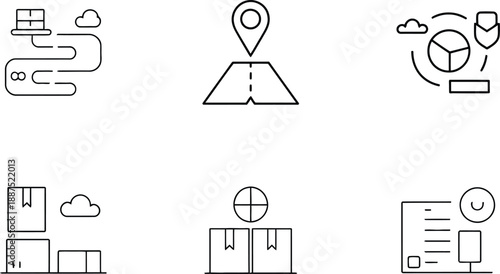 Logistics and tracking icons set including a route map location pin pie chart boxes and a document with tracking elements.
