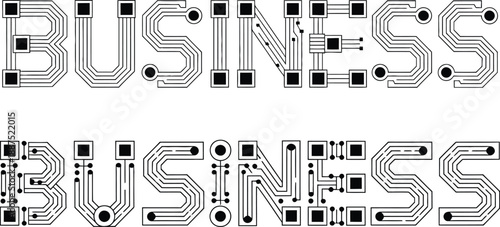 The word BUSINESS twice with letters styled to resemble circuit board traces and black square nodes symbolizing technology connectivity and commerce.
