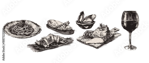 Ilustración de boceto transparente de una comida gourmet con pasta, carne y vino tinto en un vaso.