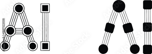 The letters AI stylized to resemble circuit board components with circular nodes and square connectors symbolizing artificial intelligence and technology.
