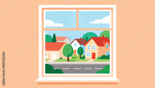 Suburban street scene with colorful houses viewed through a window
