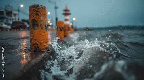 A city's flood barrier system activated by emergency measures.