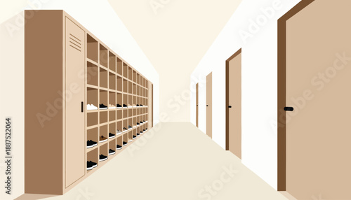 Hallway lined with shoe lockers, leading to multiple closed doors