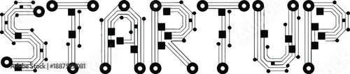 The word START UP rendered in a stylized font that mimics circuit board traces with black square and circular nodes symbolizing technology innovation and new ventures.
