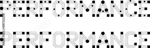 The word PERFORMANCE in a stylized font that mimics circuit board traces with black square nodes conveying a technological or digital theme.

