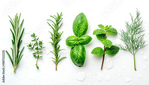 Fresh fragrant aromatic culinary herbs with water drops on white