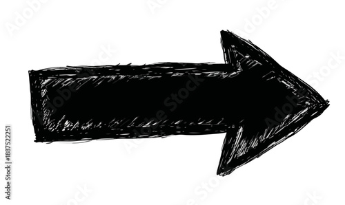 Flecha negra dibujada a mano con trazos gruesos y textura de carbón sobre fondo blanco transparente.