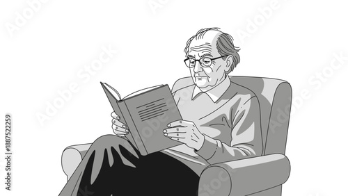 Senior man reading a book in armchair illustration.