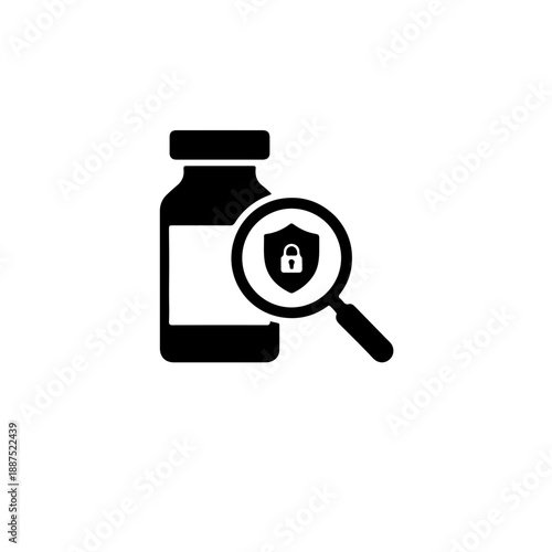 Security verification icon showing a magnifying glass zooming on a medicine bottle to reveal a shield protection symbol